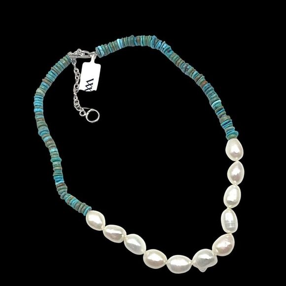 Turquoise Baroque Pearl Necklace Sterling Silver Toggle WW Kingman Western - Picture 11 of 16